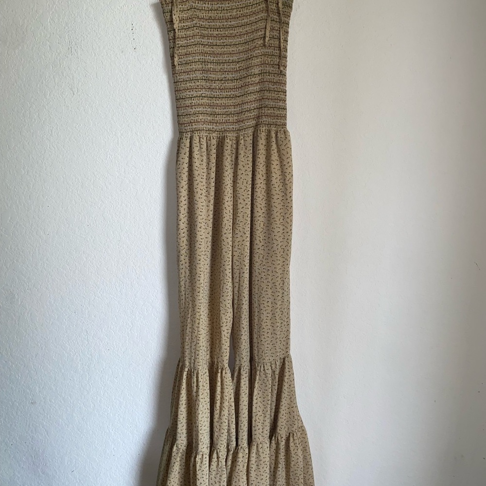 Storia Smocked Boho Hippie Ruffle-Hem Bell Bottom Floral Jumpsuit Mustard M - Picture 5 of 16